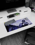 28x12 inches anime girl mouse pad featuring a jacketed girl holding a basketball under neon wires and signs.