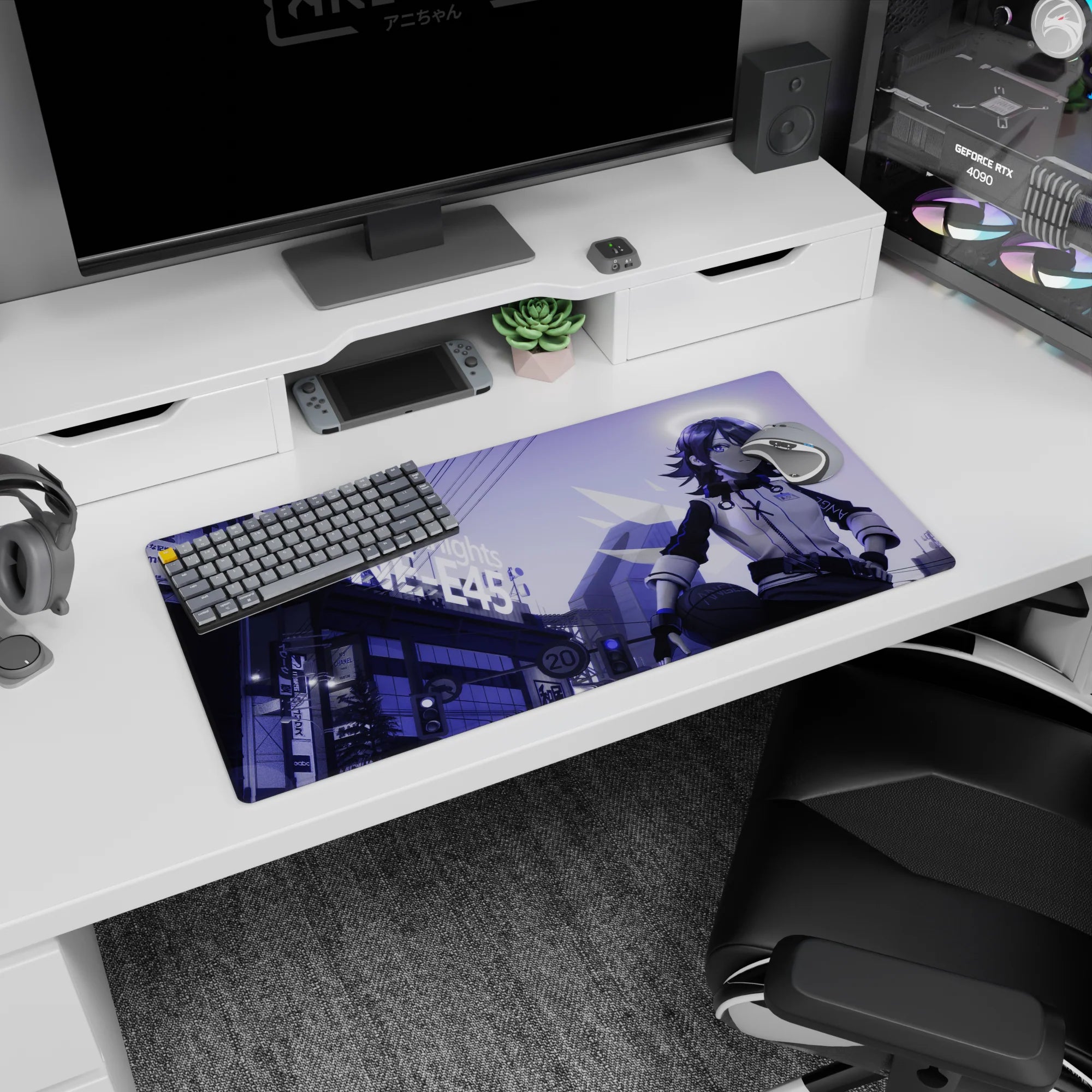 Anime girl holding a basketball under neon wires and city lights on a 32x16 inches extended mouse pad.