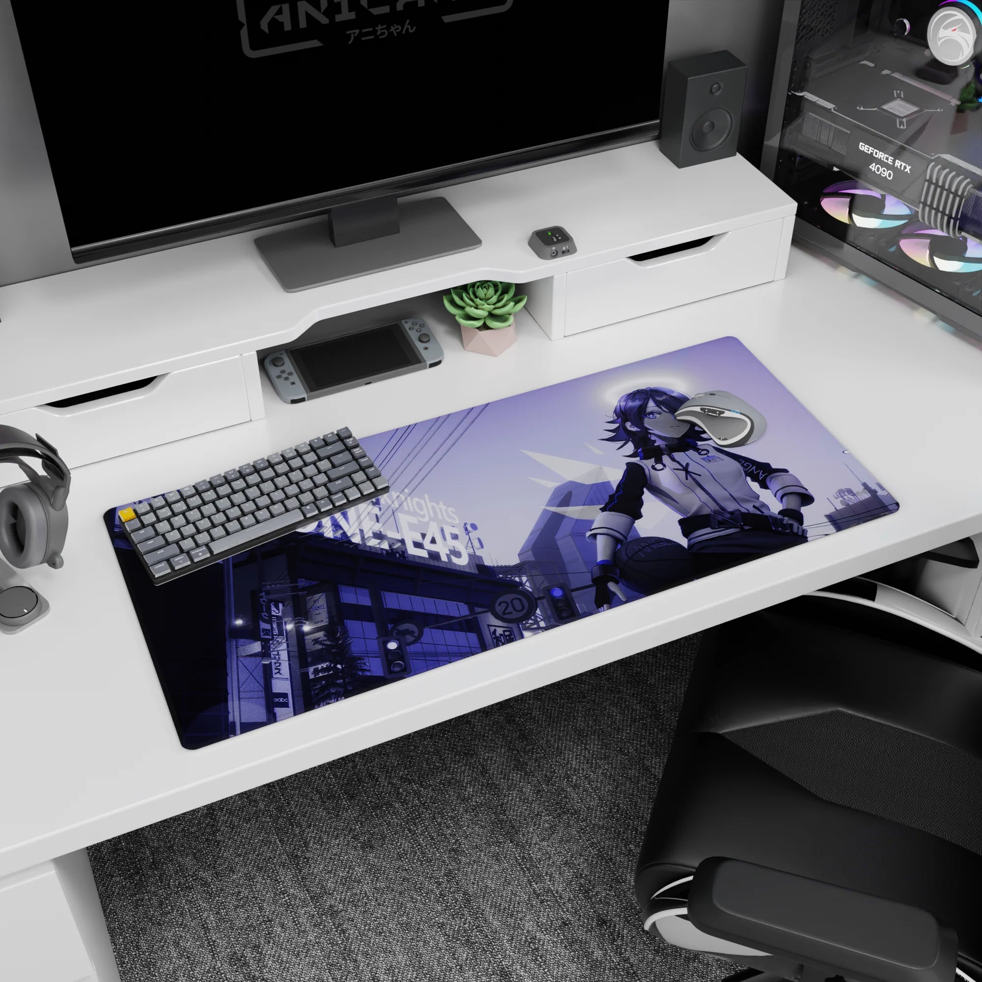 Anime girl holding a basketball in a neon street scene desk pad 36x16 inches, calm halo glow and city signage.