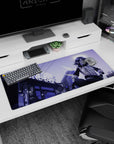 Anime girl holding a basketball in a neon street scene desk pad 36x16 inches, calm halo glow and city signage.