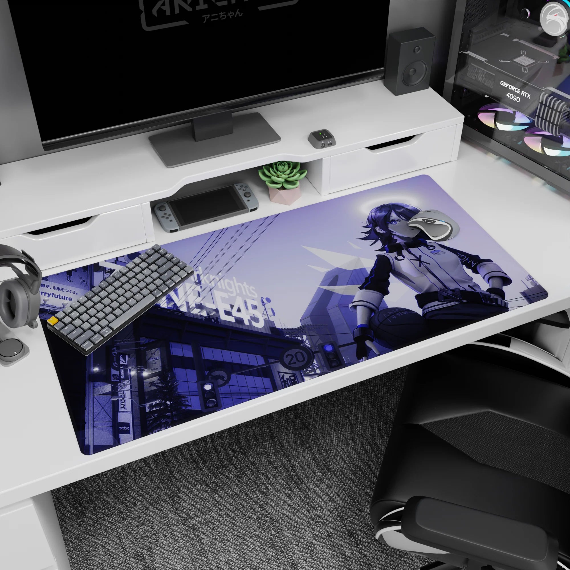 Anime girl in jacket holding a basketball under neon street signs desk pad 40x20 inches.