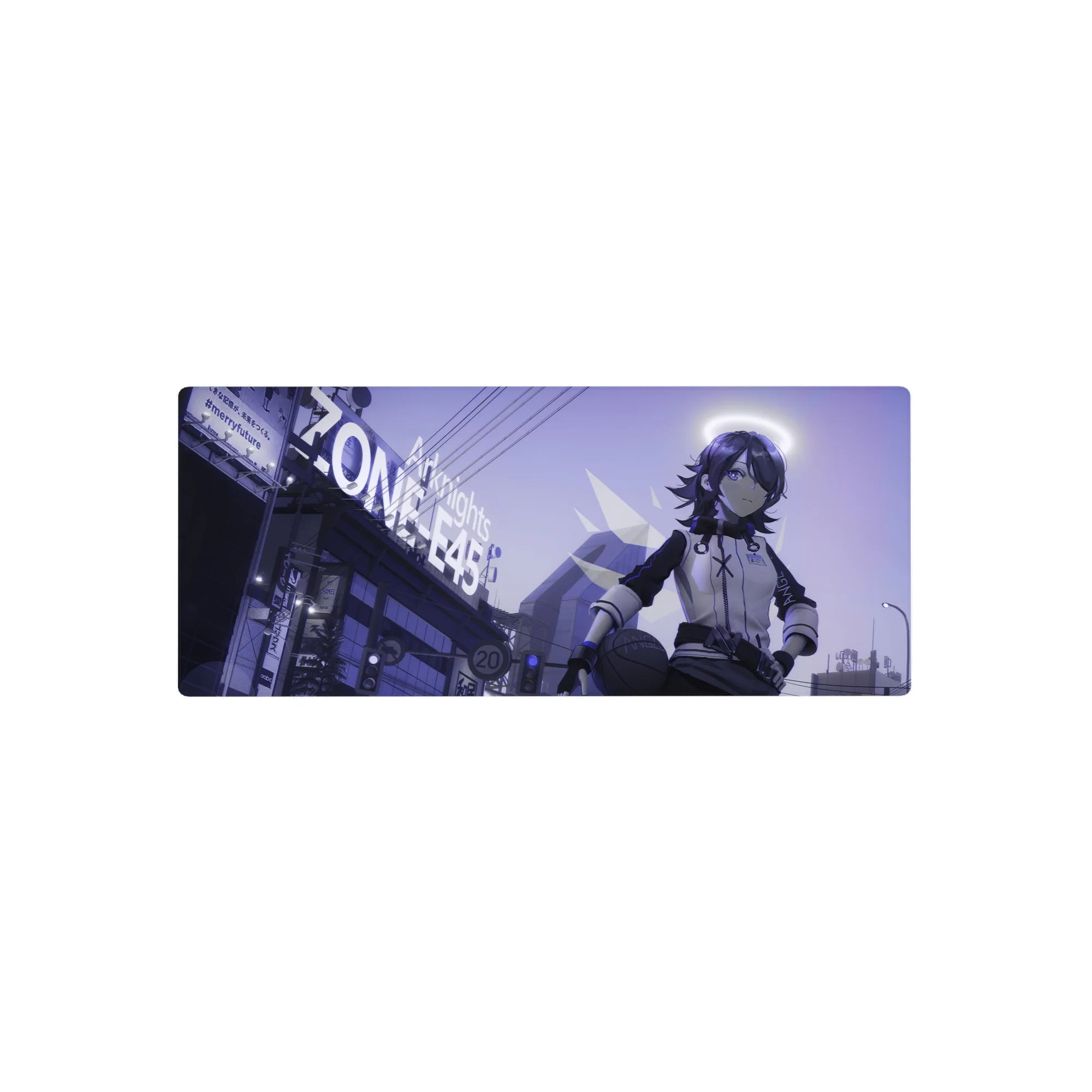 28x12 inches anime girl mouse pad with futuristic neon city streets, signage, and crisp linework.