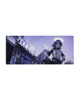 28x12 inches anime girl mouse pad with futuristic neon city streets, signage, and crisp linework.