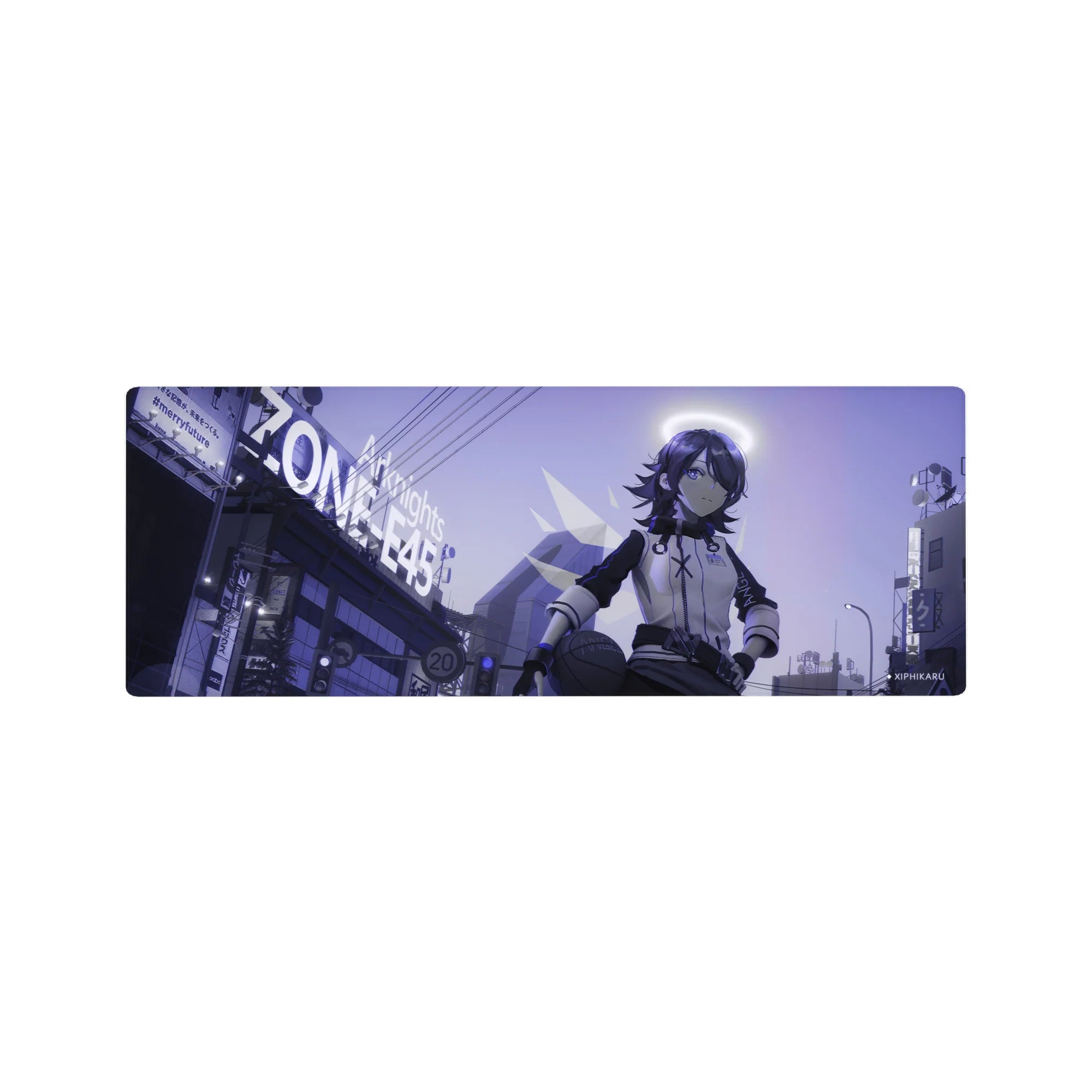 Futuristic anime girl mouse pad 32x12 inches with neon city signs, overhead wires, and bold line art.