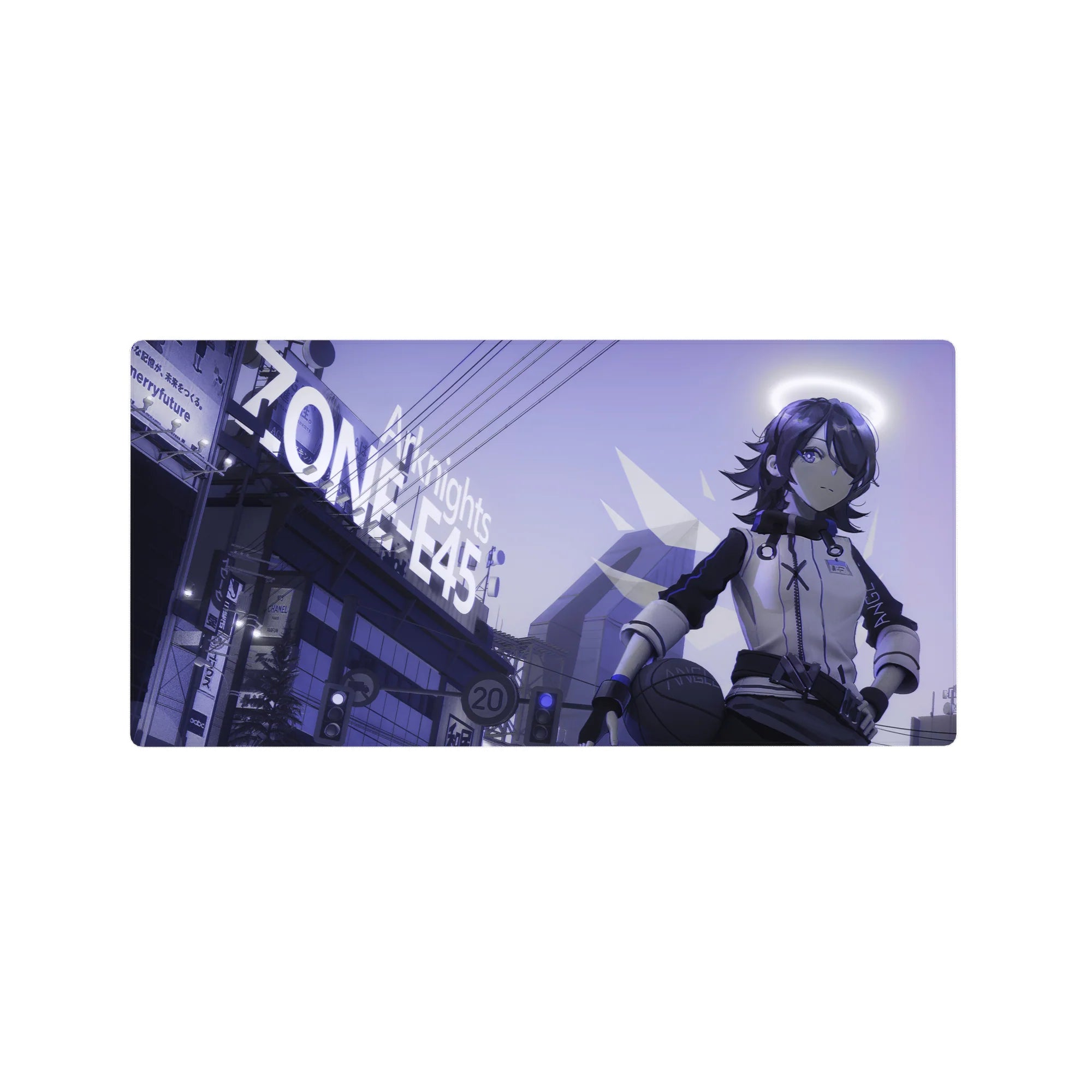 Futuristic anime girl mouse pad 32x16 inches with neon city street, signage, and crisp jacket details.