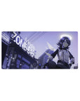 Futuristic anime girl mouse pad 32x16 inches with neon city street, signage, and crisp jacket details.
