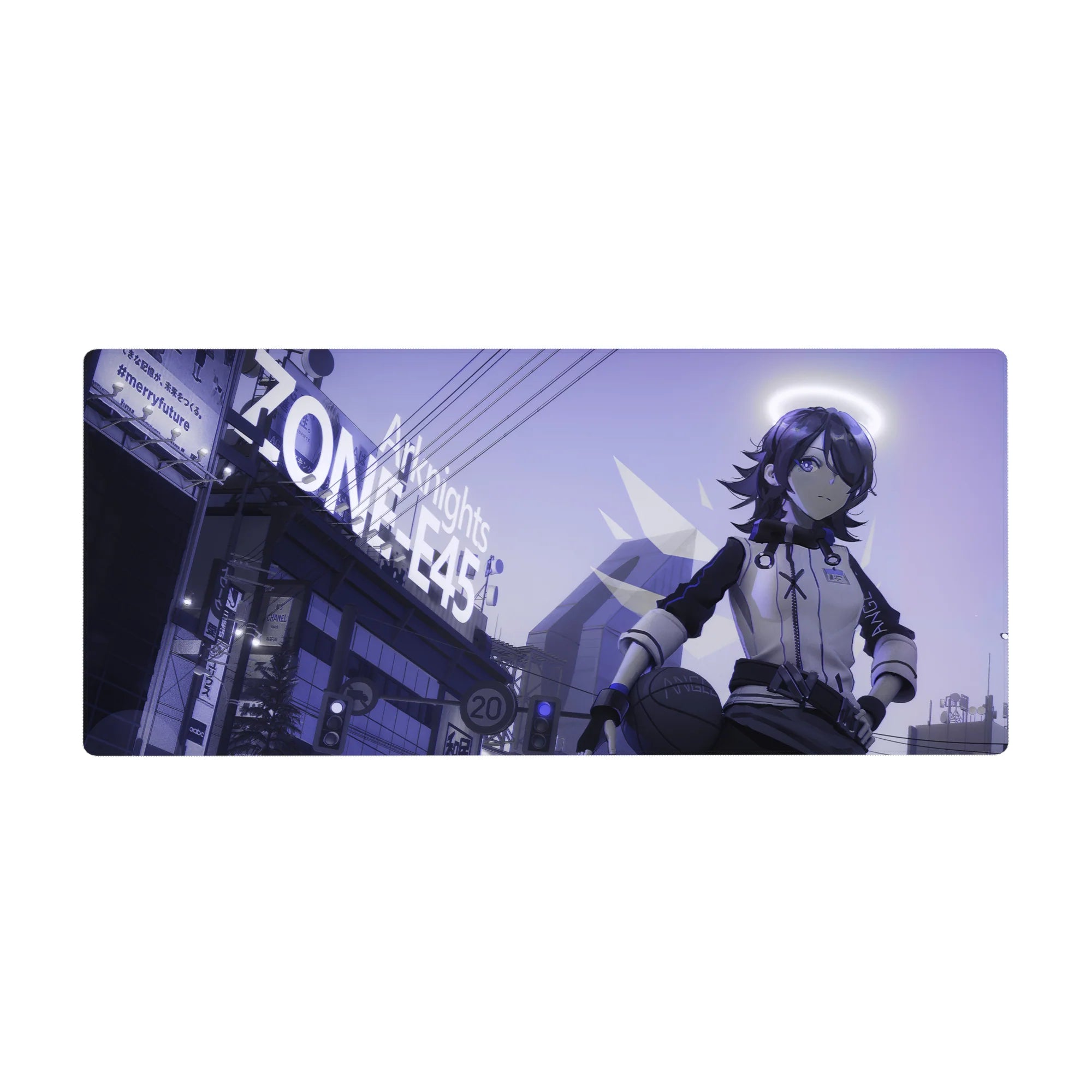 Futuristic anime girl desk pad 36x16 inches with neon city signs, overhead wires, and sharp jacket details.