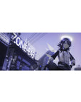 Futuristic anime girl desk pad 36x16 inches with neon city signs, overhead wires, and sharp jacket details.