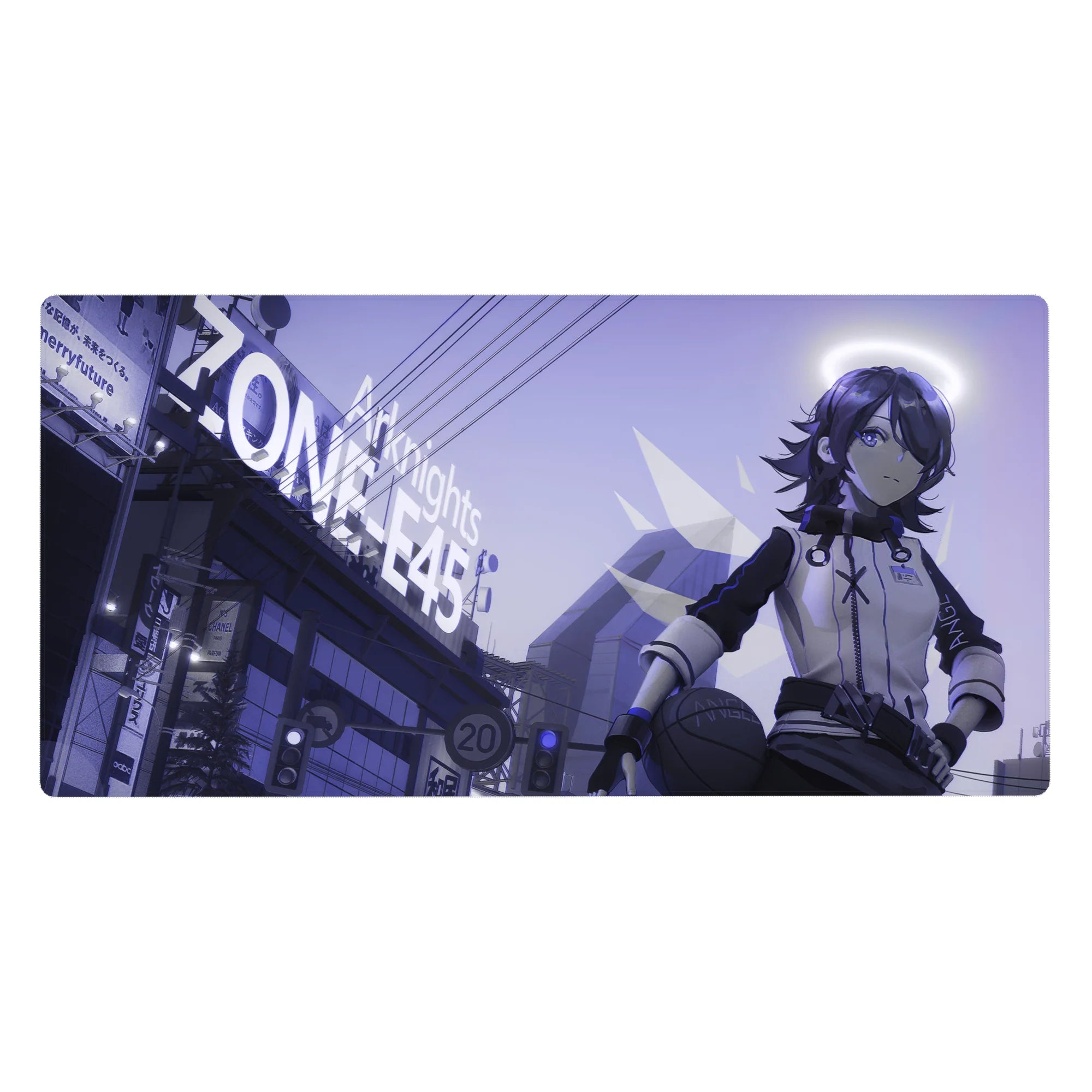 Futuristic anime girl desk pad 40x20 inches with neon city signage, wires overhead, basketball pose.