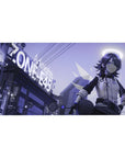 Futuristic anime girl desk pad 40x20 inches with neon city signage, wires overhead, basketball pose.