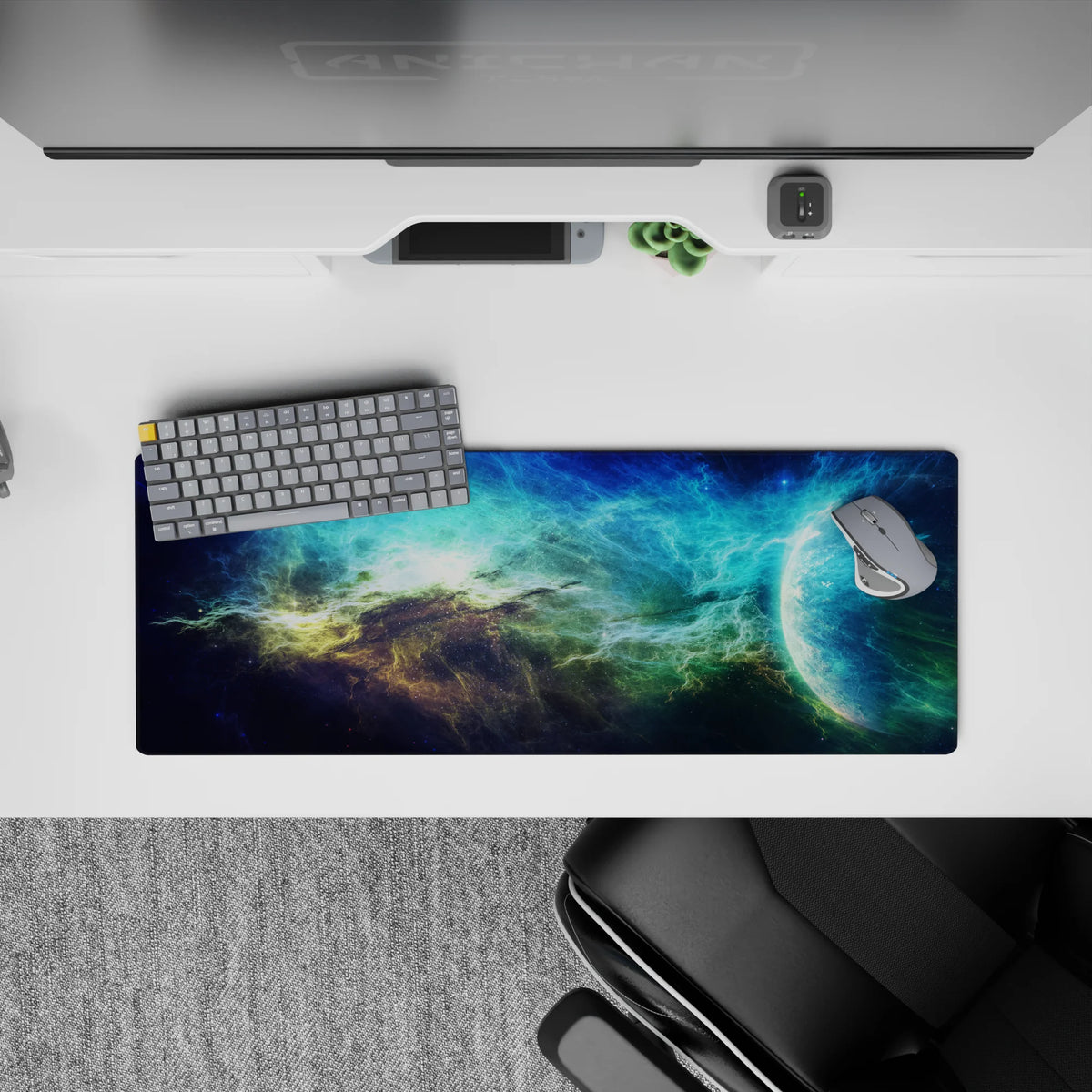 Calming cosmic mouse pad 32x12 inches in electric teal, smoky green, soft gold sparks, and deep navy.