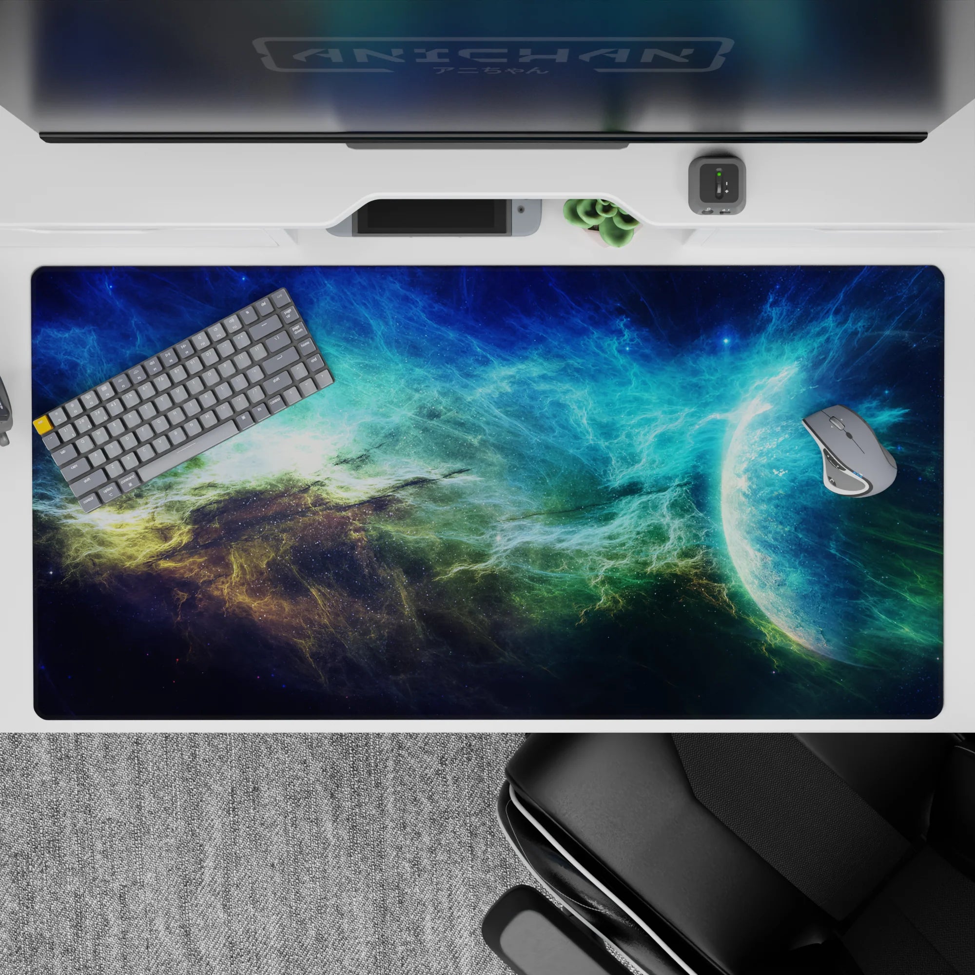 Calming cosmic desk pad 40x20 inches in electric teal, deep navy, smoky green, and soft gold sparks.