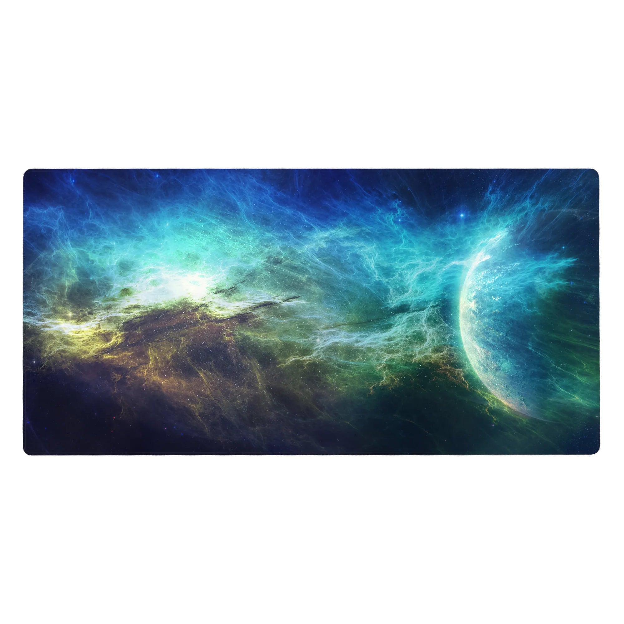 Midnight galaxy desk pad 40x20 inches with swirling nebula streaks and a glowing blue planet edge.
