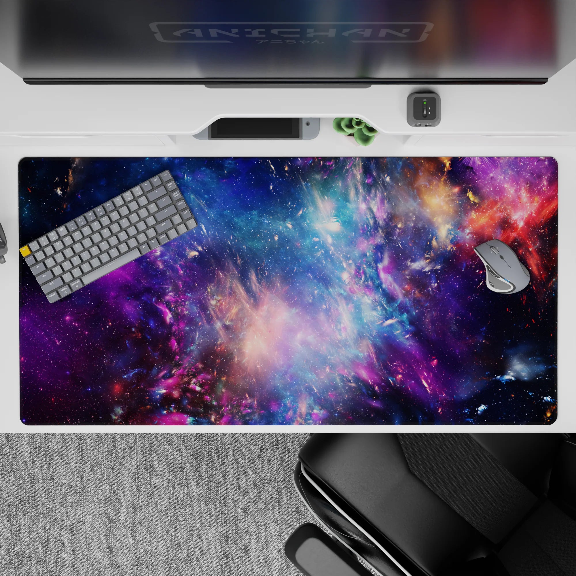 Dreamy deep blue to violet and magenta desk pad 40x20 inches with soft cosmic glow.