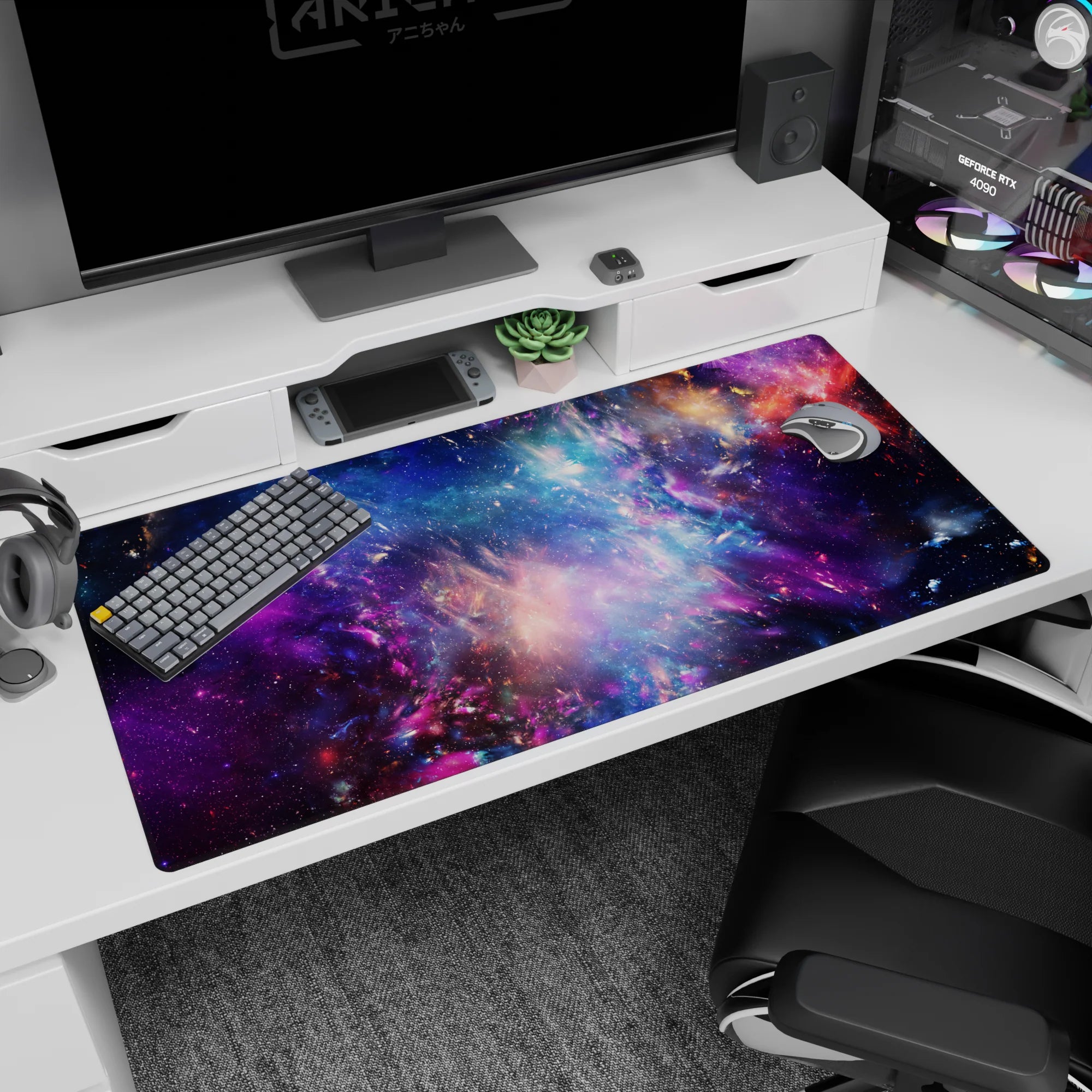 Spaceship window starfield scene desk pad 40x20 inches with nebula swirls and stardust.