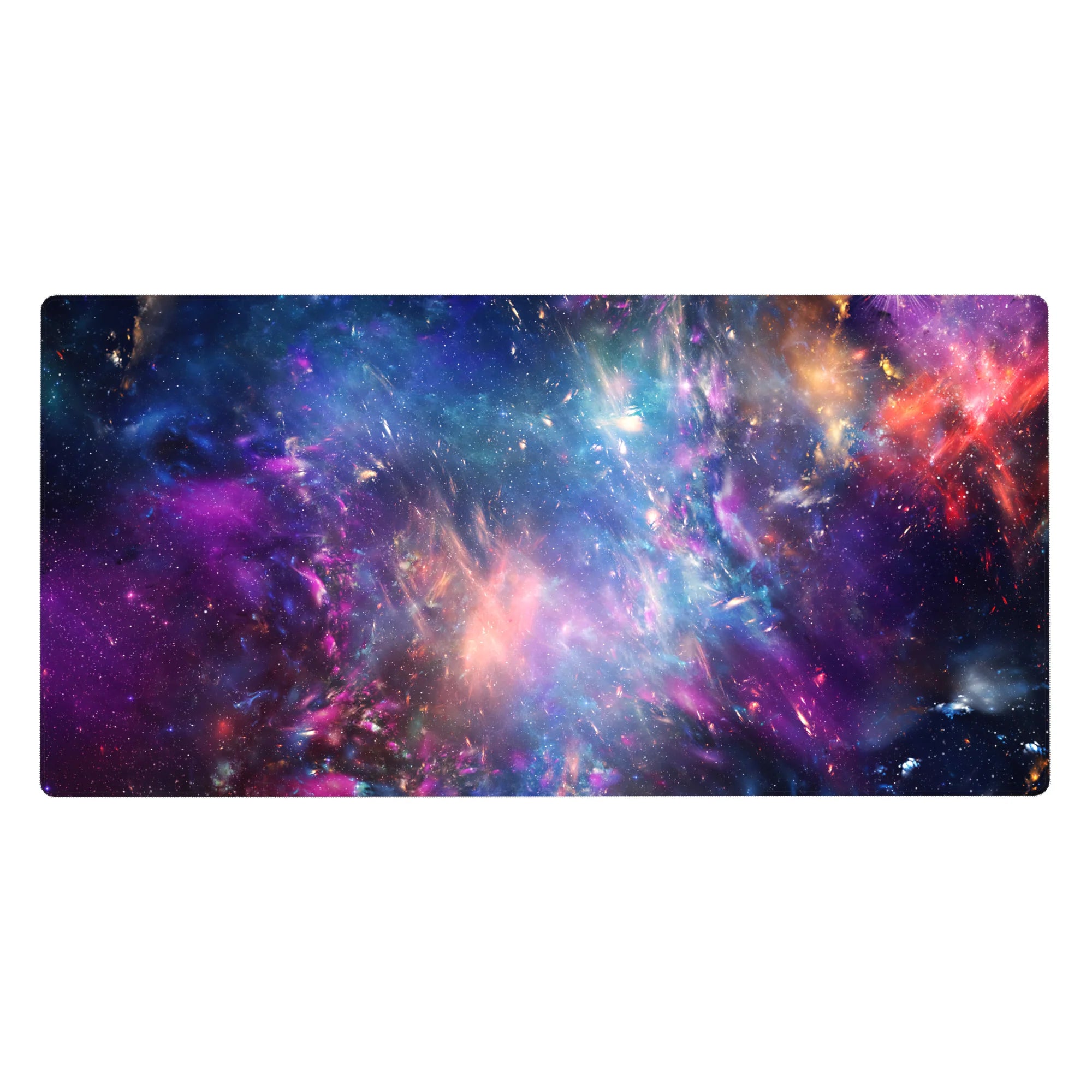 Galaxy nebula desk pad 40x20 inches with swirling stardust and scattered light bursts.