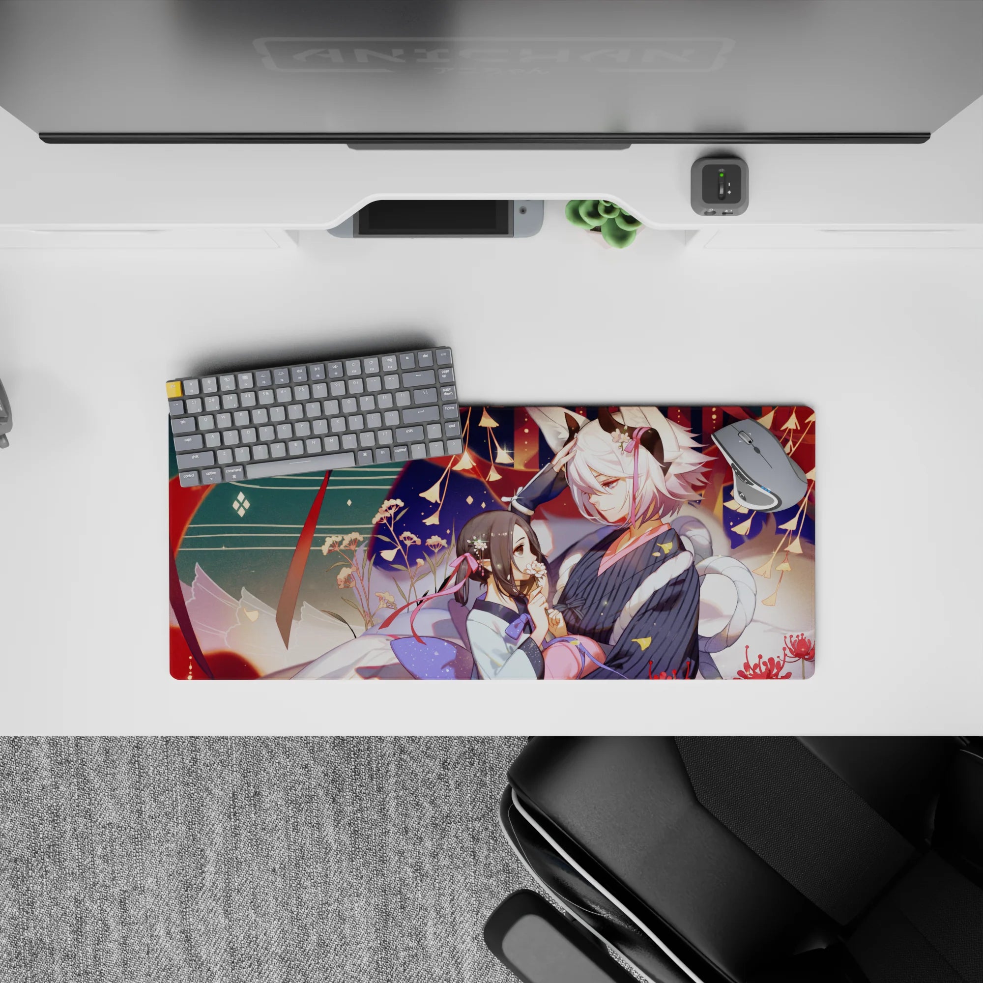 28x12 inches anime girl mouse pad in deep teal waves and warm reds, with gold spark accents, cozy vibe.
