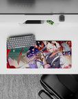 28x12 inches anime girl mouse pad in deep teal waves and warm reds, with gold spark accents, cozy vibe.