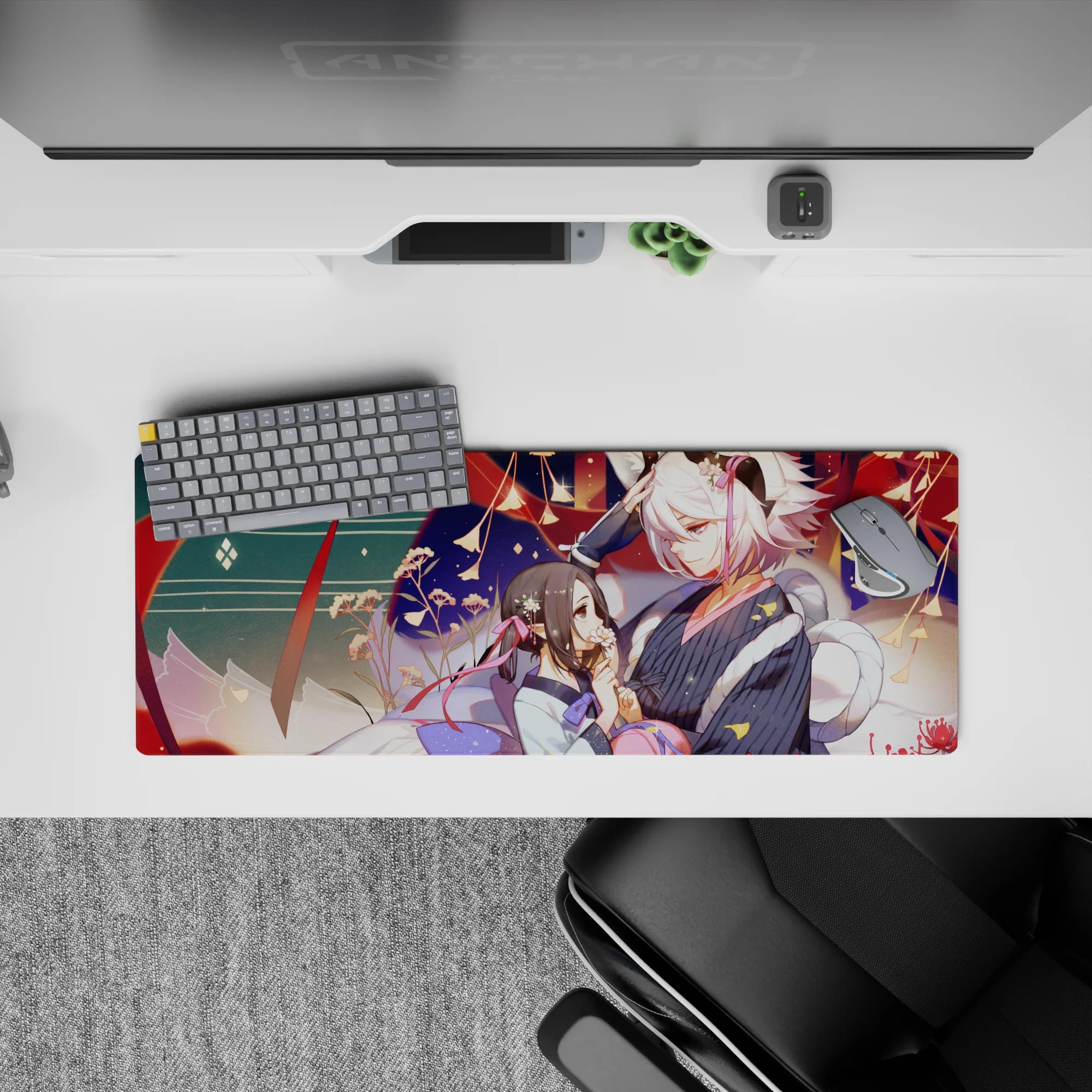 Anime girl mouse pad 32x12 inches in deep teal and warm reds, with gold spark accents and cozy vibe.