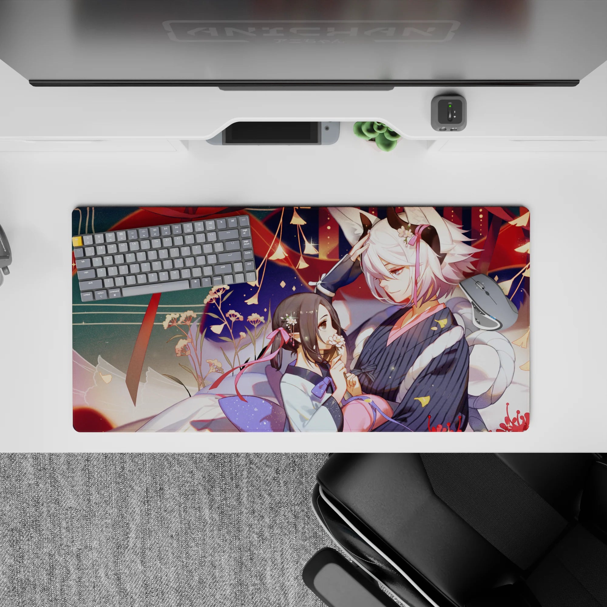 32x16 inches anime girl mouse pad in deep teal and warm reds with gold sparks, cozy lantern-lit mood.