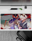 32x16 inches anime girl mouse pad in deep teal and warm reds with gold sparks, cozy lantern-lit mood.