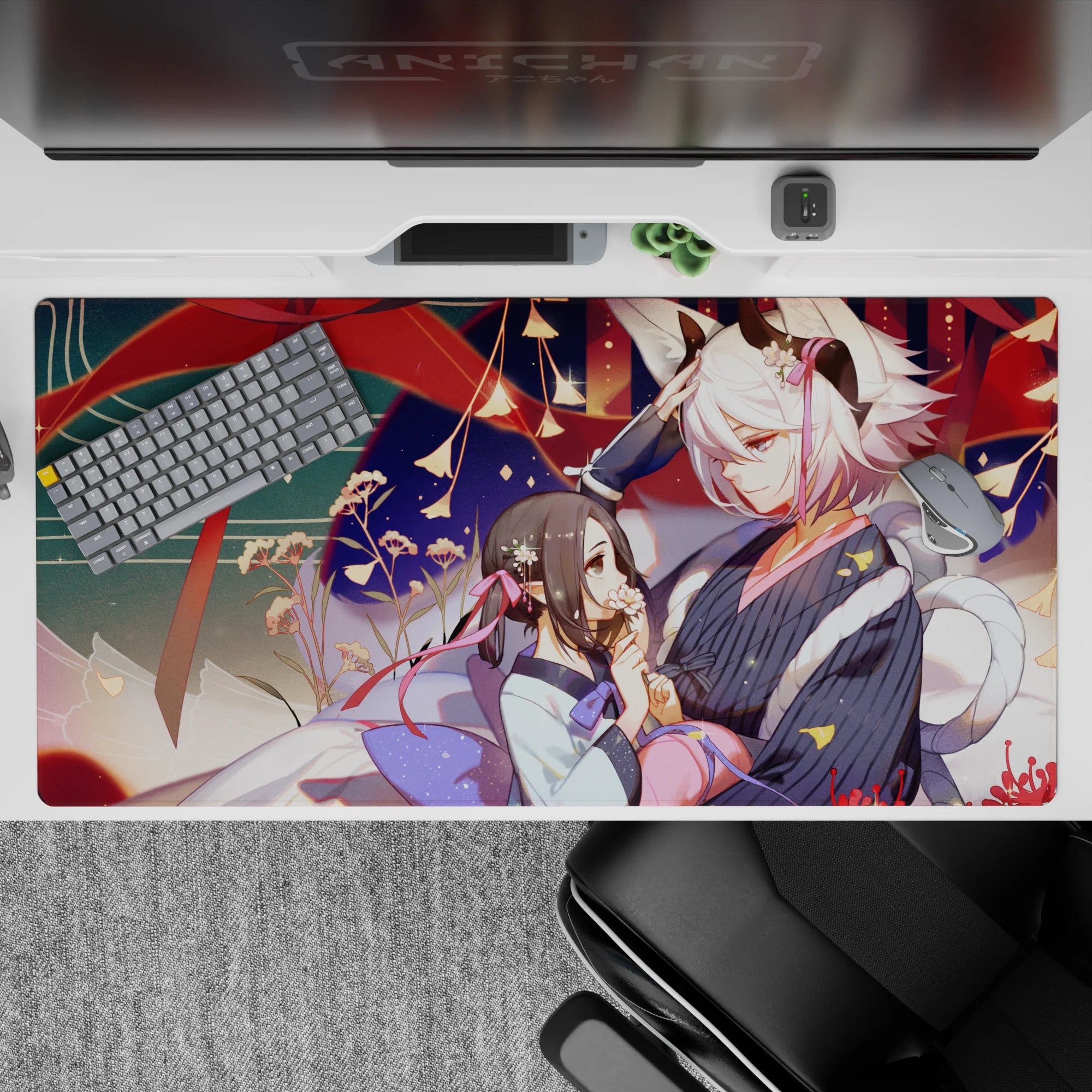 Anime girl desk pad 40x20 inches in deep teal waves and warm reds, soft lantern glow, cozy vibe.