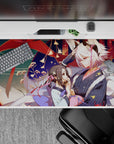 Anime girl desk pad 40x20 inches in deep teal waves and warm reds, soft lantern glow, cozy vibe.