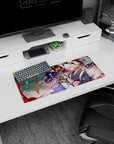 28x12 inches anime girl mouse pad showing shy black-haired girl with white-haired fox-eared boy at a festival.
