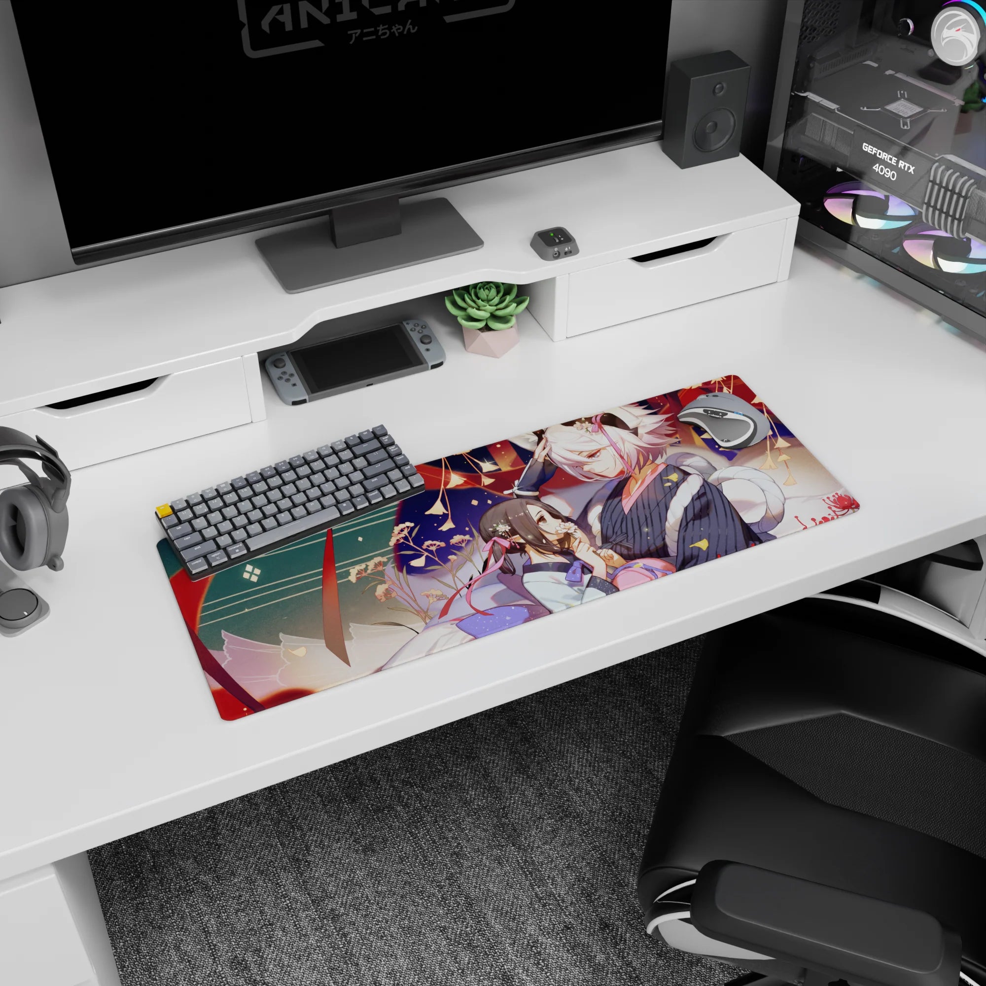 Anime girl mouse pad 32x12 inches featuring white-haired fox-eared boy in dark yukata beside black-haired girl.