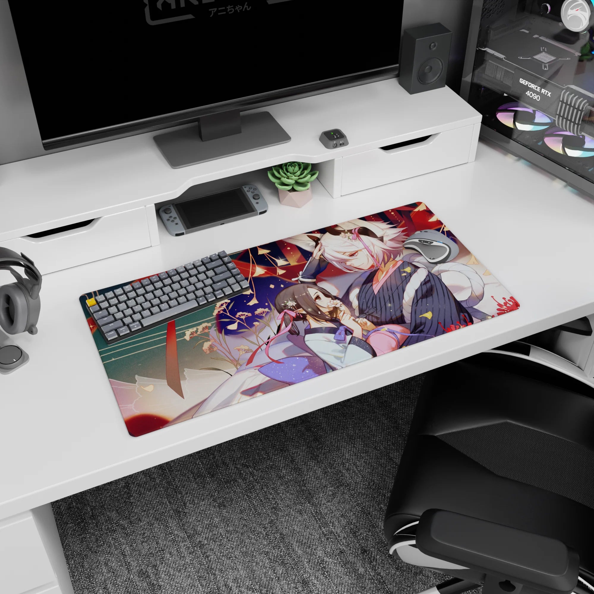 32x16 inches anime girl mouse pad showing shy black-haired girl and white-haired fox boy in dark yukata.