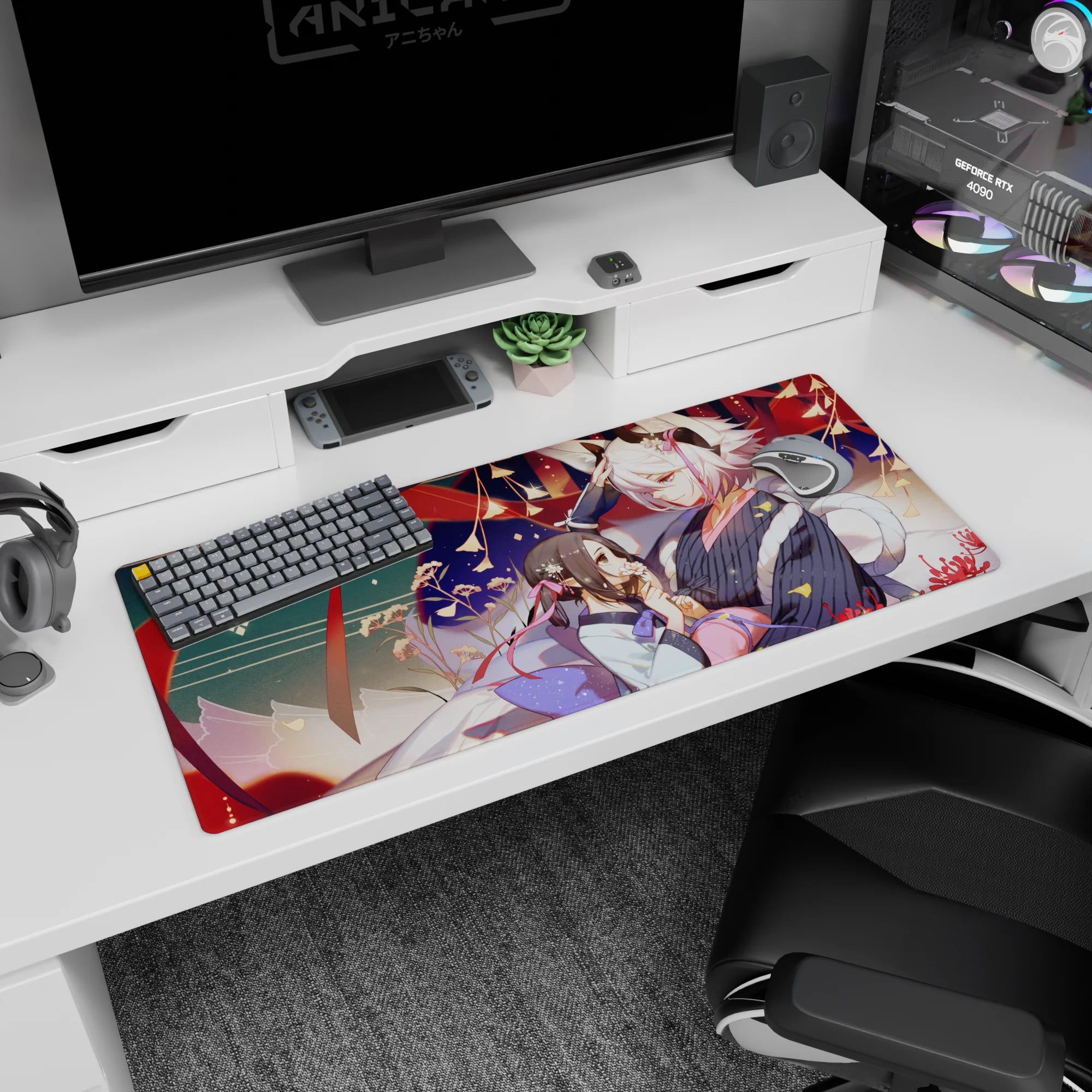 Fox-eared white-haired boy and shy black-haired girl festival desk pad 36x16 inches with petals.