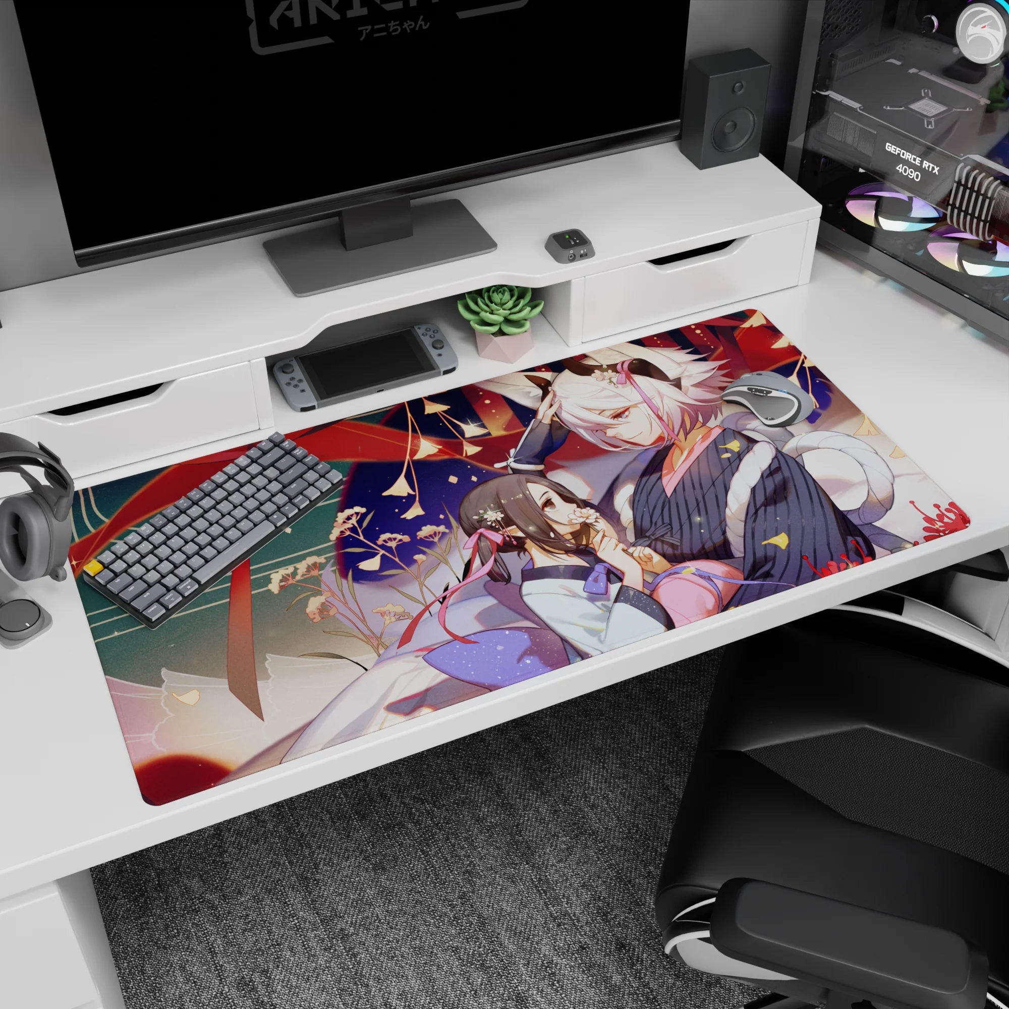 Anime girl desk pad 40x20 inches showing shy black-haired girl with white-haired fox-eared boy at festival.