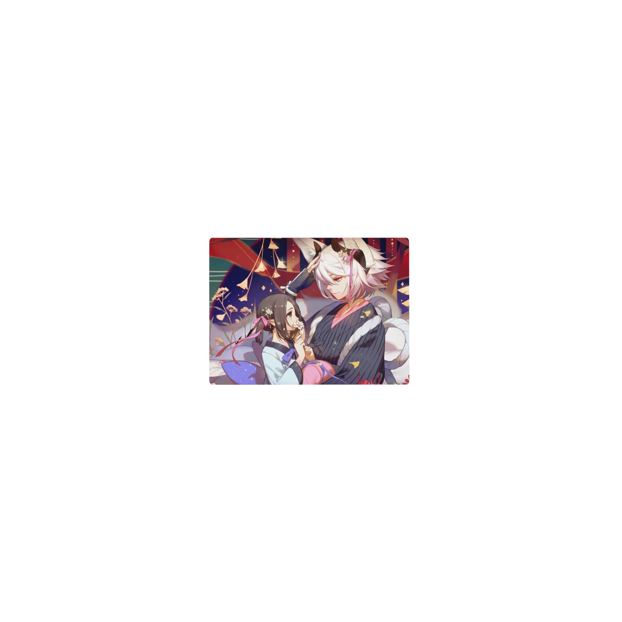 Classic anime girl mouse pad 14x10 inches with festival couple, lantern glow, petals, and gold sparks.