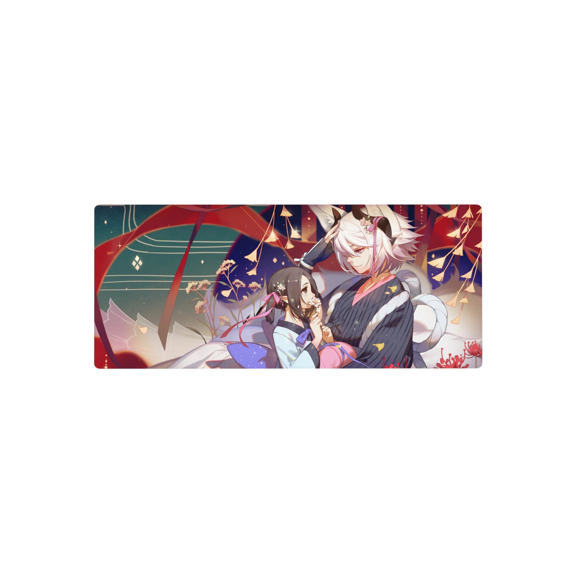 28x12 inches anime girl mouse pad with festival couple, fox-eared boy in yukata, lantern glow backdrop.