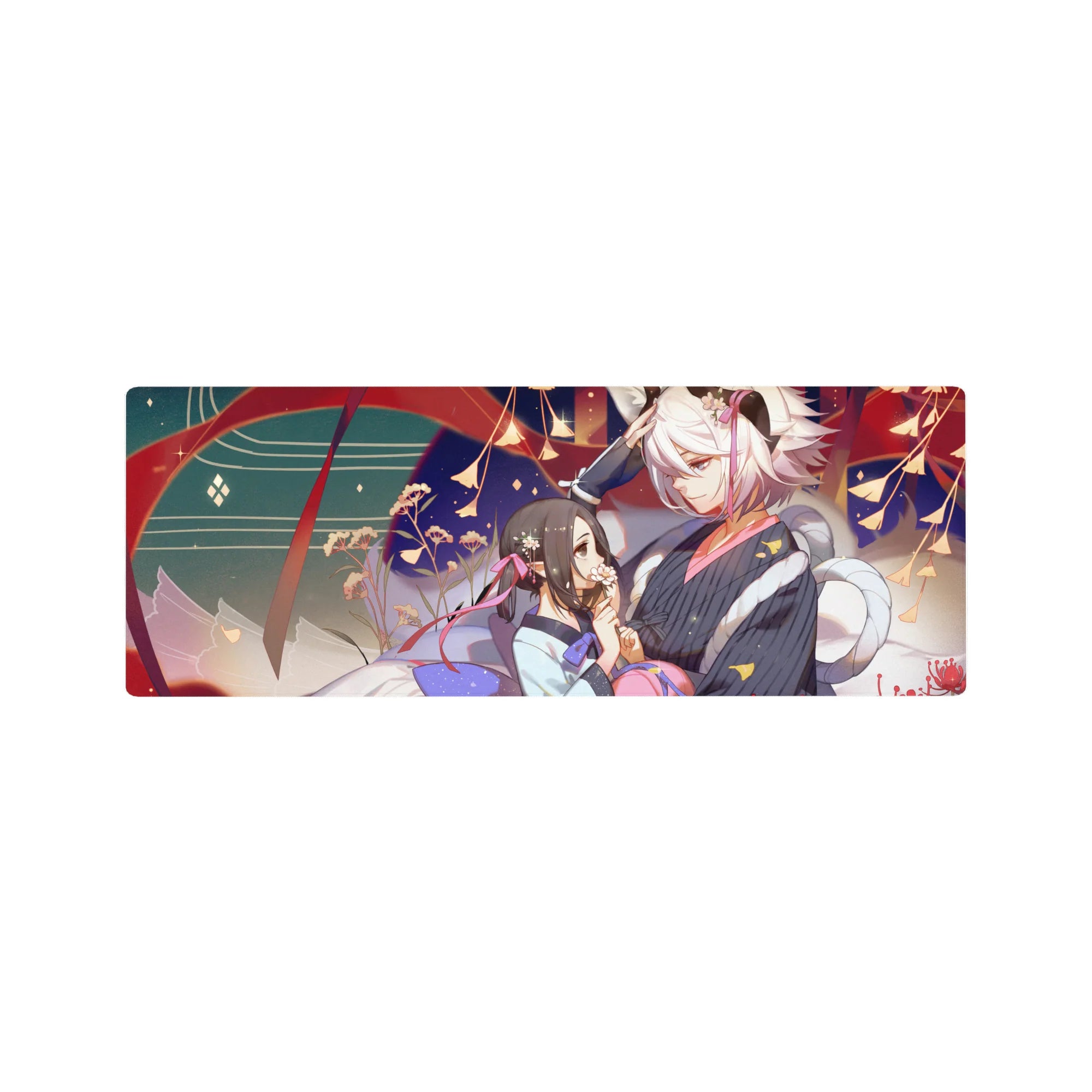 Anime girl mouse pad 32x12 inches with festival scene, fox-eared boy and shy girl, lantern glow backdrop.