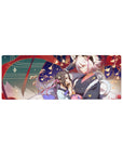 Anime girl mouse pad 32x12 inches with festival scene, fox-eared boy and shy girl, lantern glow backdrop.