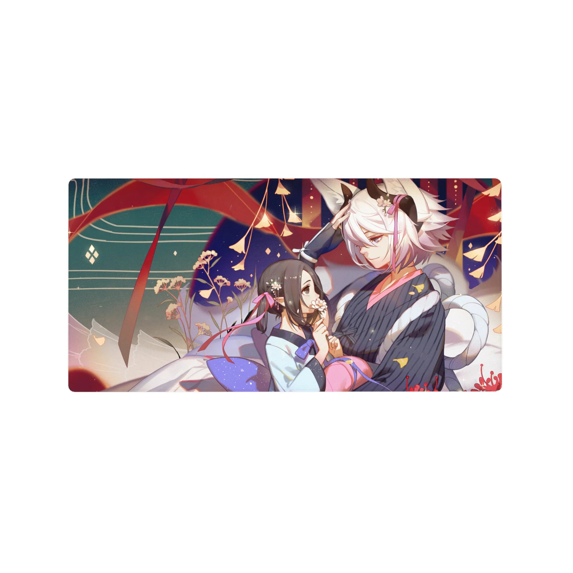 32x16 inches anime girl mouse pad with festival couple, fox-eared boy, lantern glow, teal waves, red swirls.