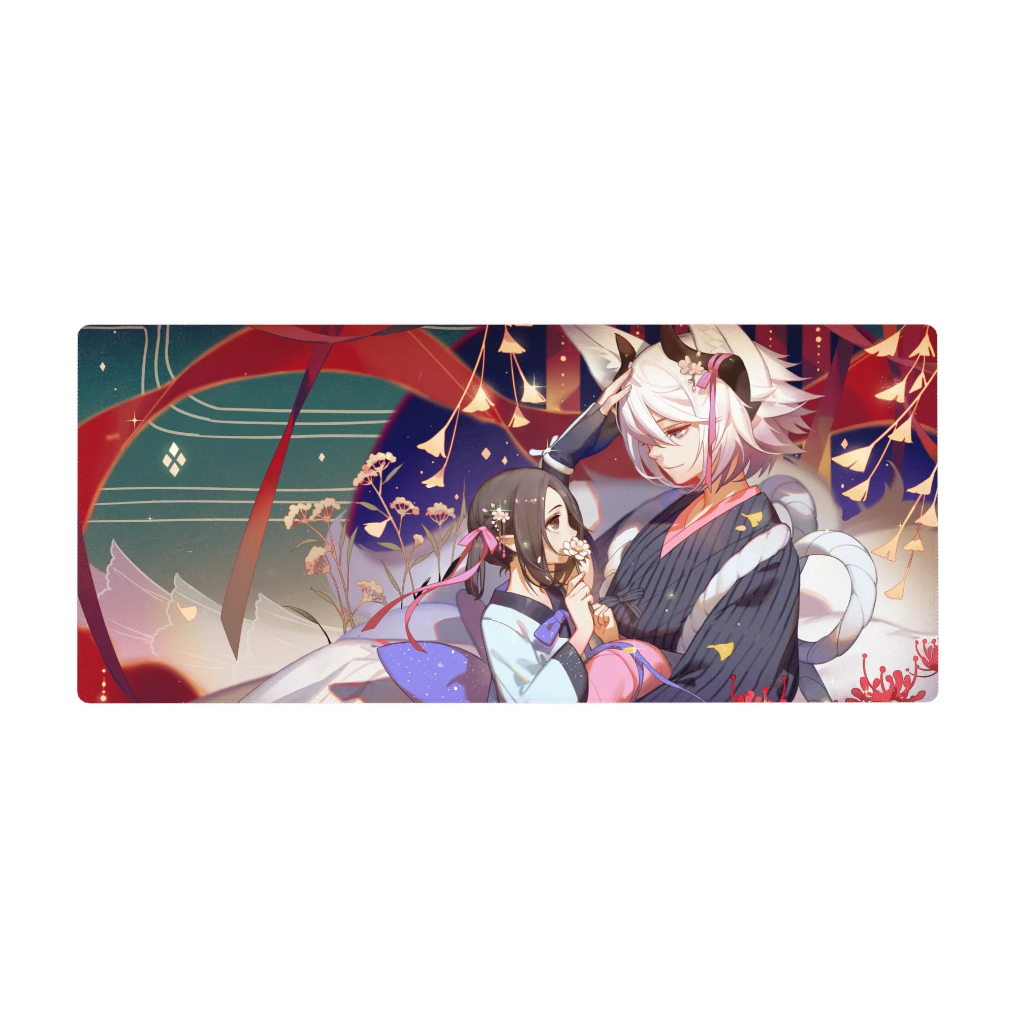 Anime festival scene desk pad 36x16 inches with fox-eared boy, dark yukata, petals and lanterns.