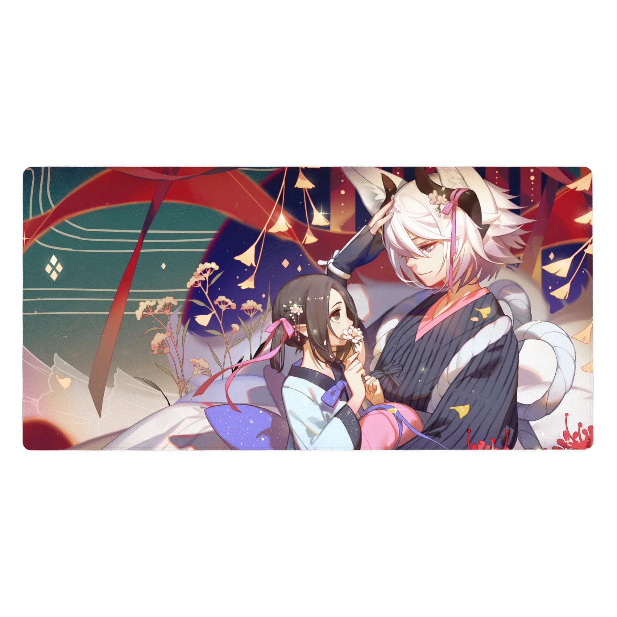 Anime girl desk pad 40x20 inches with festival couple, fox-eared boy in yukata, petals and gold sparks.