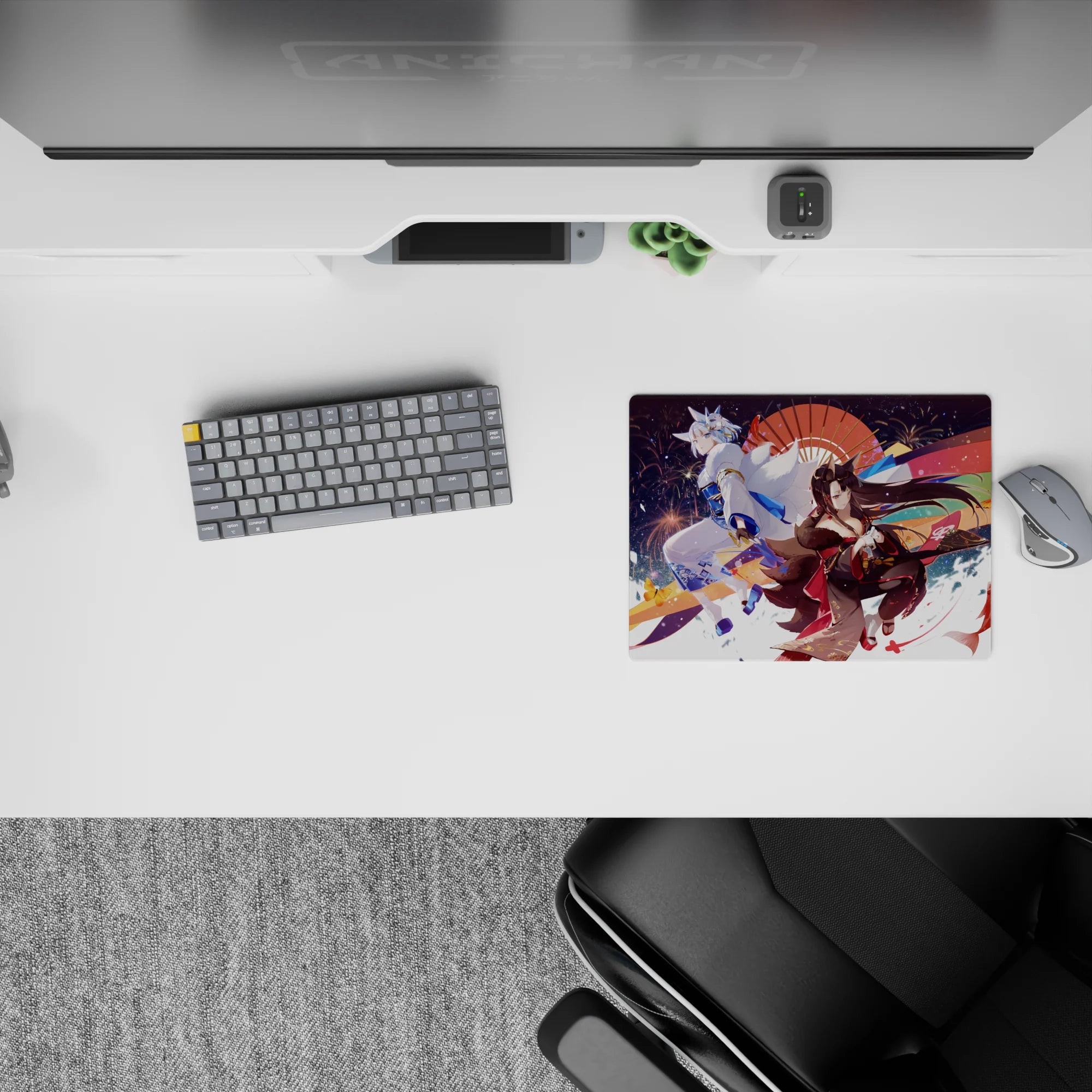Festival-night anime mouse pad 14x10 inches in crimson, indigo, and gold with dreamy ribbon flow.