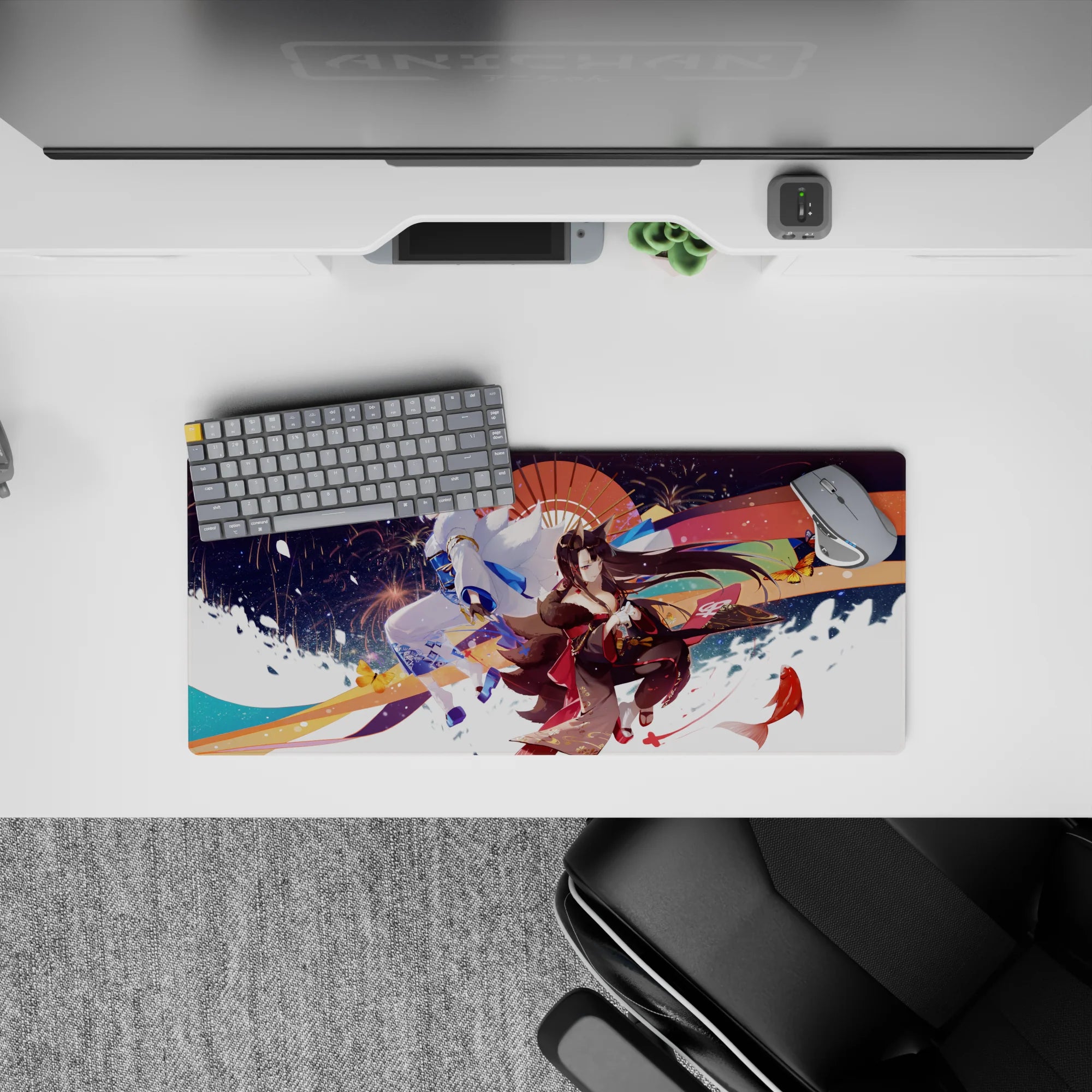28x12 inches anime mouse pad in crimson and indigo with gold accents, festival-night fireworks mood.
