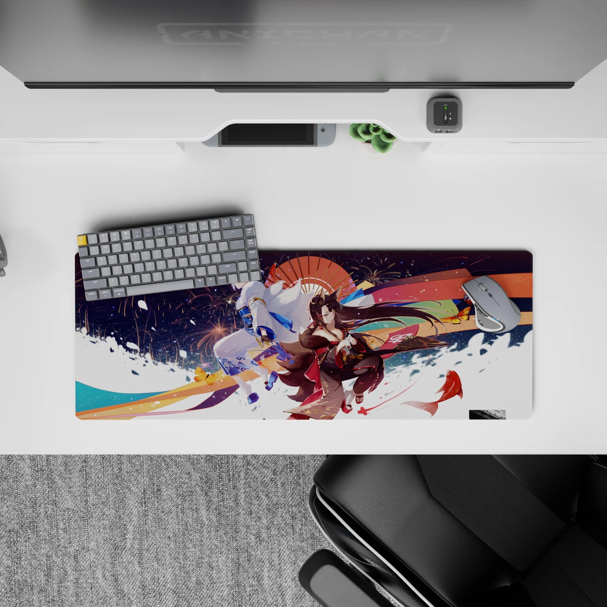 32x12 inches anime girl mouse pad in crimson and indigo with gold accents, festival-night glow and ribbons.