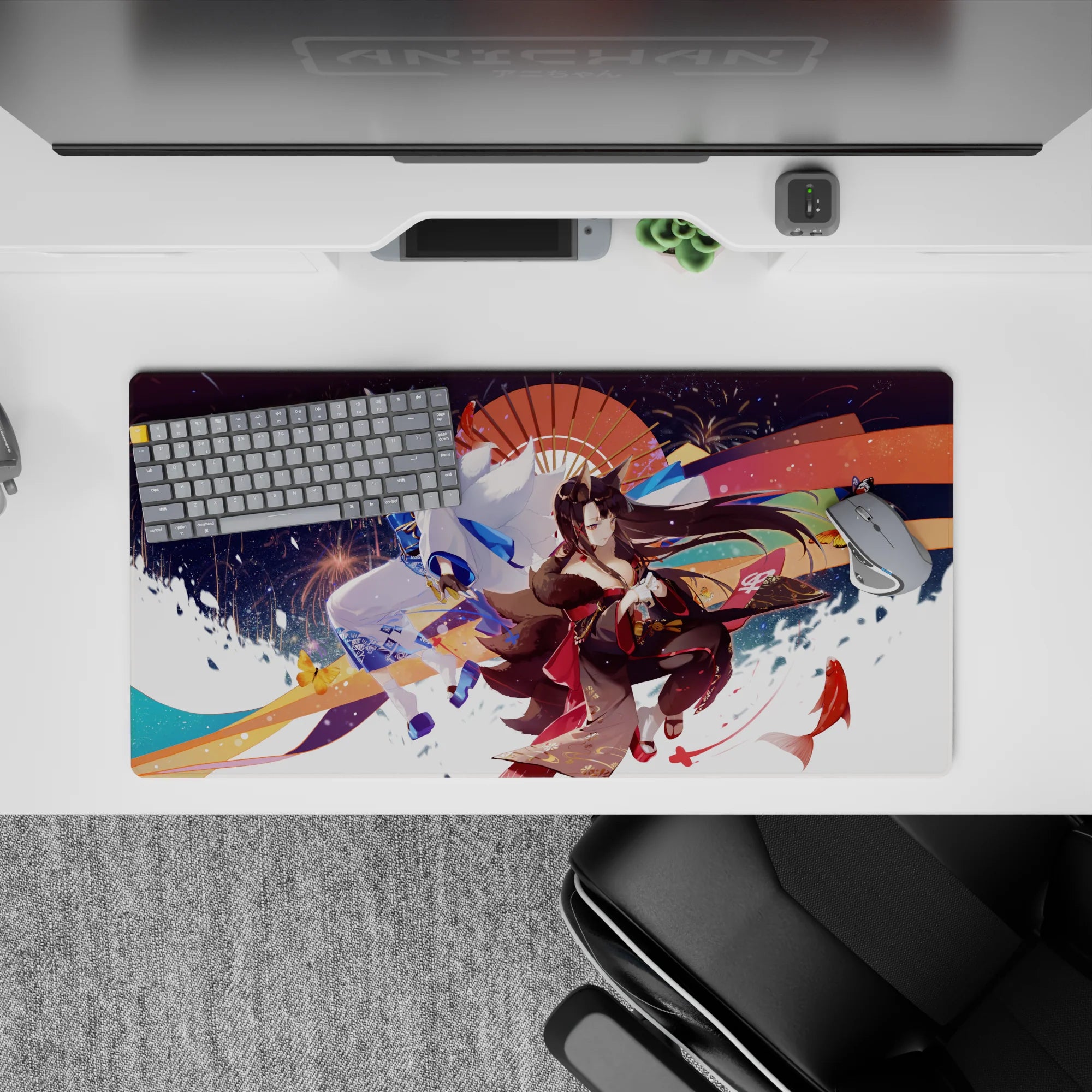 Anime girl mouse pad 32x16 inches in crimson, indigo, and gold with dreamy festival-night fireworks mood.