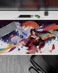 Festival-night anime girl desk pad 40x20 inches in crimson, gold, indigo, and snowy white accents.