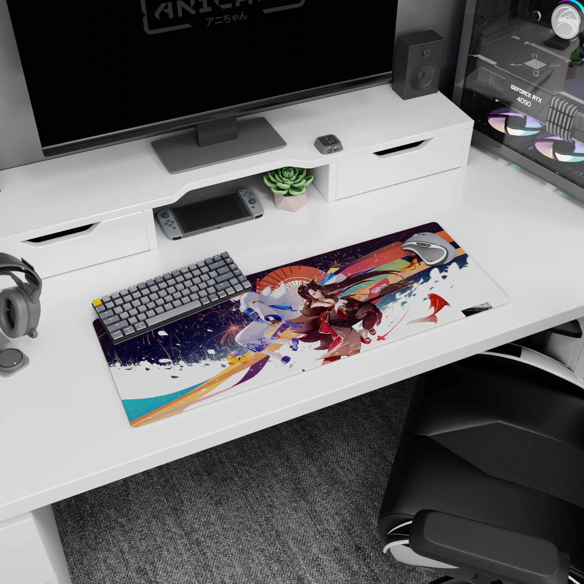 32x12 inches anime girl mouse pad showing fox-kimono woman beside silver-haired guardian under fireworks.