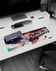 32x12 inches anime girl mouse pad showing fox-kimono woman beside silver-haired guardian under fireworks.