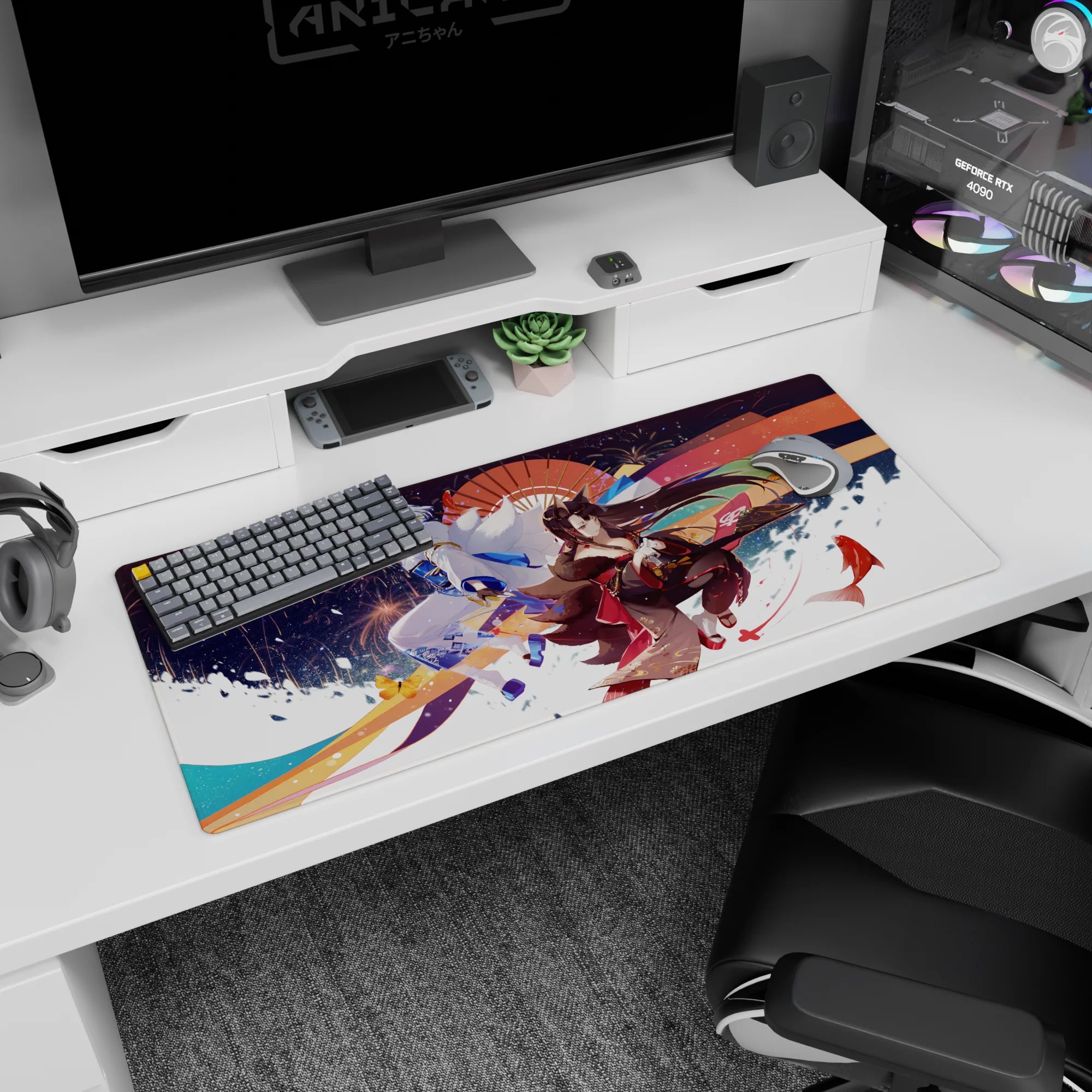 36x16 inches anime girl desk pad featuring a fox spirit and silver-haired guardian amid koi, ribbons, fans.