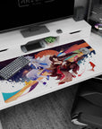 Anime girl desk pad 40x20 inches showing fox kimono beauty and silver-haired guardian under fireworks.