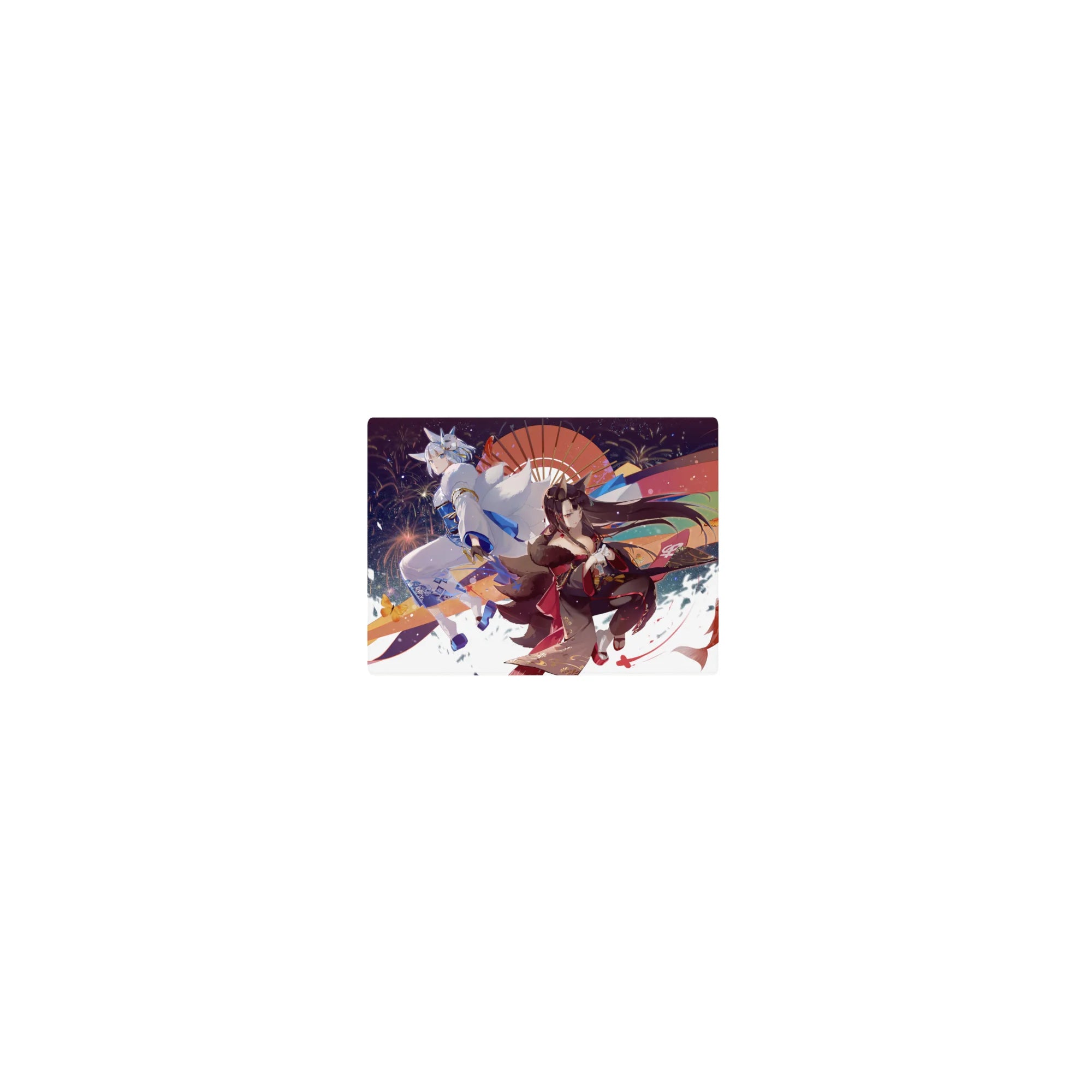 Classic anime girl mouse pad 14x10 inches with fox spirit in kimono, guardian, fireworks, koi, waves.