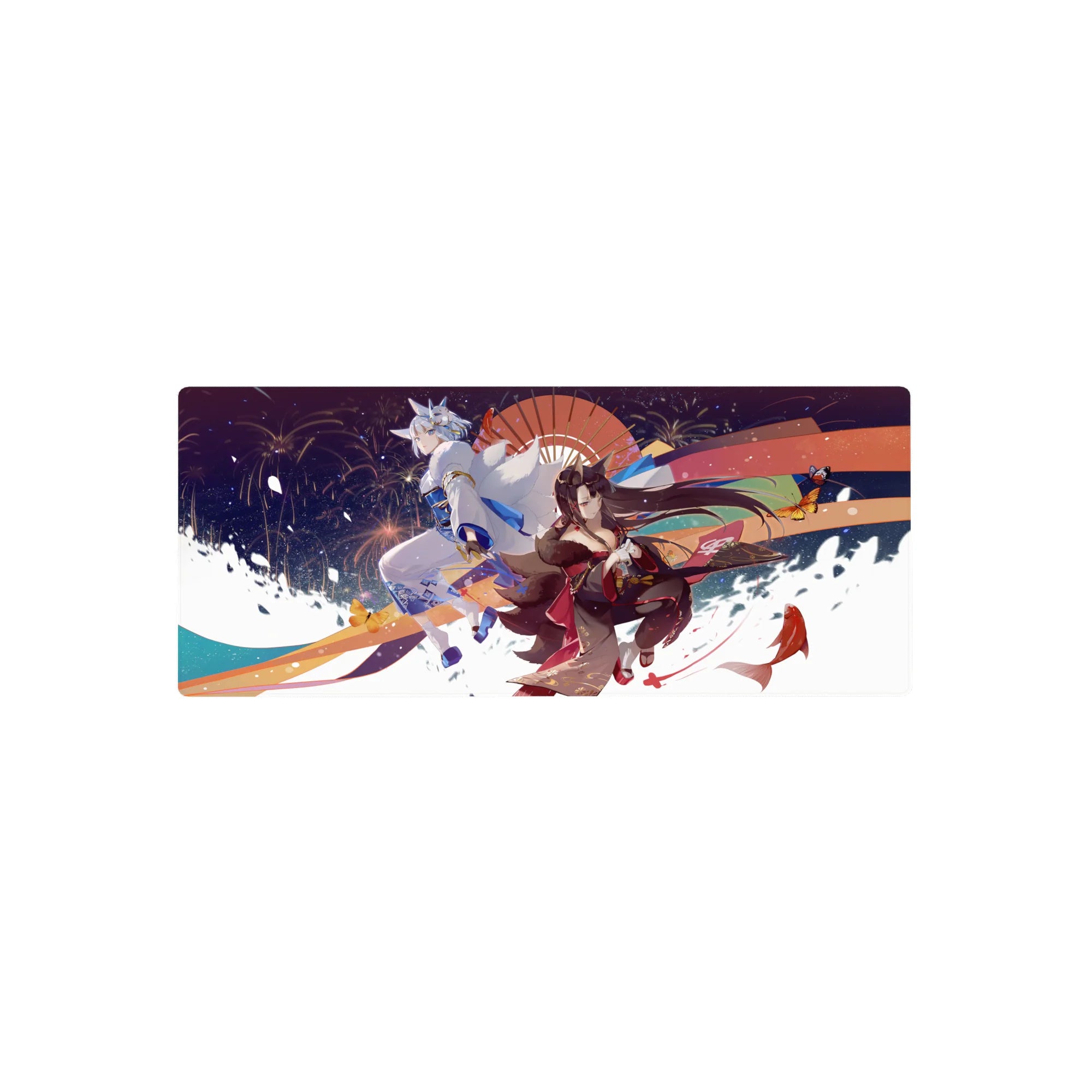 28x12 inches anime girl mouse pad with fox-spirit beauty, silver-haired guardian, fireworks, koi, waves.